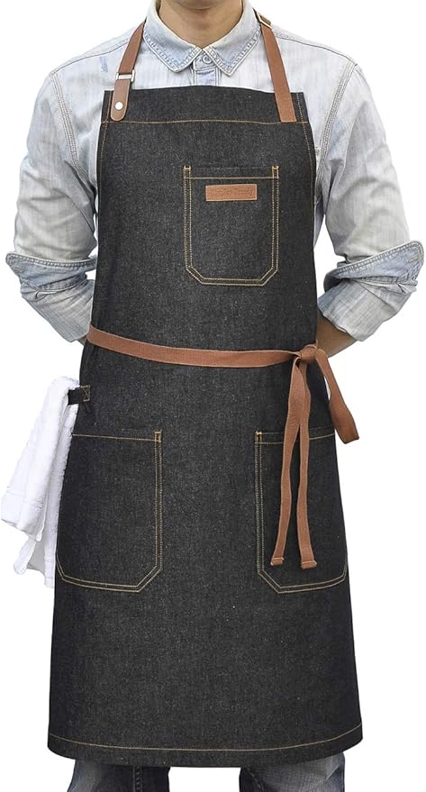Denim Chef Apron with Pockets, Mens Womens Professional Kitchen Bib Black Apron for Cooking Grill BBQ Server, with Towel Loop and Adjustable Neck Straps