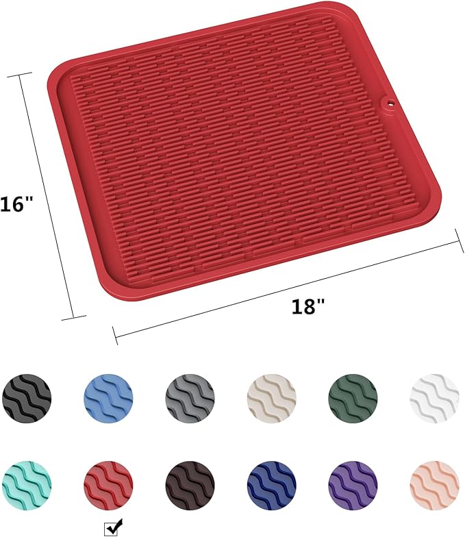 ZLR Large Silicone Dish Drying Mat (16" x 18") - XL Heavy Duty Drainboard Mat for Pots, Pans & Family Loads - Heat Resistant Trivet & Counter Protector, Easy Clean (Lava Red)