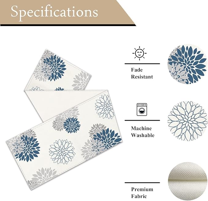 Blue Gray Table Runner Dahlia Pinnata Flower Beige Table Runners Modern Elegant Pompon Farmhouse Geometric Table Center Decor for Home Dining Party Entrance (13x72 Inch)