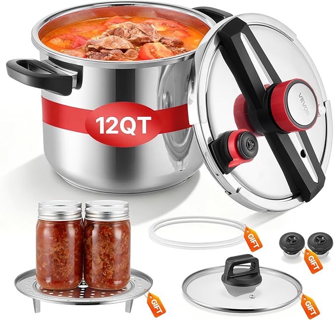 VEVOR Pressure Cooker, 12Qt Pressure Cooker Stainless Steel, Pressures Canner with Steaming Rack, Tempered Glass Lid, 3 Pressures Settings for Meat, Beans, Rice, Soup, Sauces, Cook up to 100 kPa