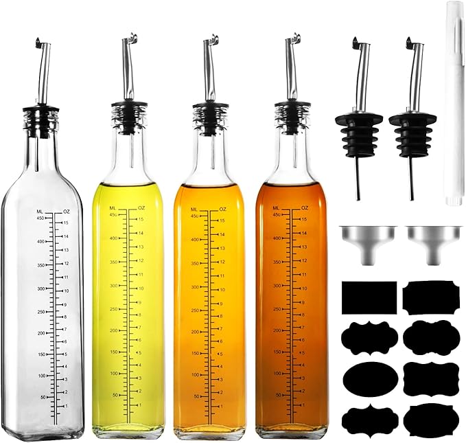 WERTIOO 17 OZ Olive Oil Dispenser Bottle, 4 Pack Glass Oil and Vinegar Dispenser Set Container with 6 pcs Stainless Steel Pour Spouts Funnel & Pen and Tag for Kitchen