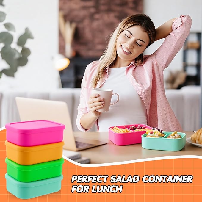 Layhit 4 Pcs Silicone Bento Box for Adults, 27 oz Bento Lunch Container Reusable 3 Compartment Lunchable Food Container for Women Men, Leak Proof Microwave Dishwasher Freezer Safe (Vivid Colors)