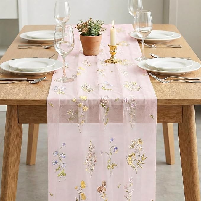 Artoid Mode Wildflower Floral Light Pink Gauze Embroidery Table Runner 120 Inch 10FT, Tulle Seasonal Spring Kitchen Dining Table Decor for Home Party