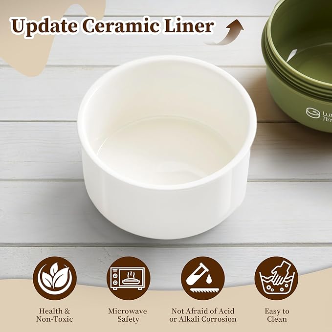 Bento Box Adult Lunch Box Set, 3 Pcs Ceramic Lunch Containers for Adults, 14 Oz+14 Oz+21 Oz Adult Lunchable Containers with Insulated Bag, Leak-Proof, Microwave Safe (Green (Ceramic Liner))