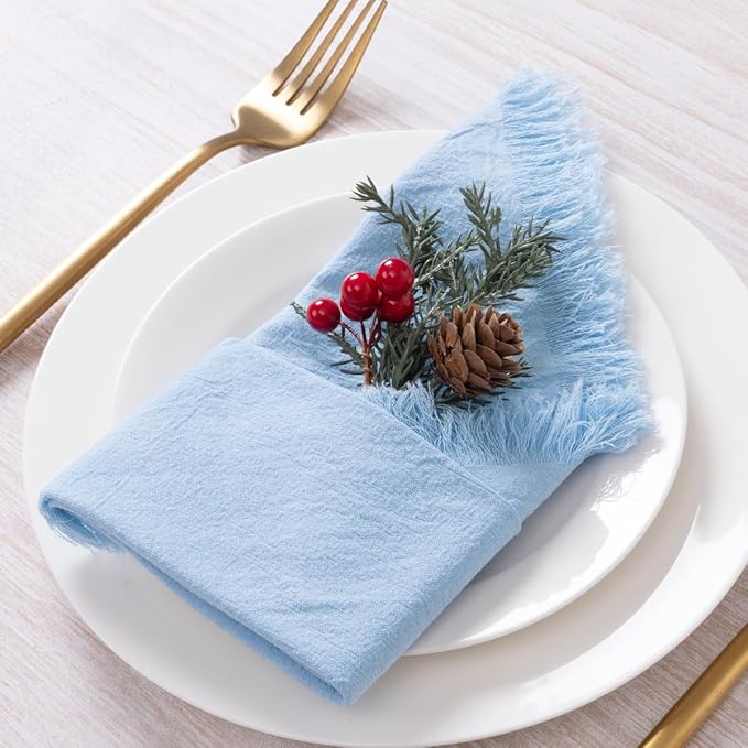DeZerlor 12 Pack Baby Blue Cotton Linen Napkins with Fringe Spring Cloth Napkins Set of 12 Boho Handmade Dinner Napkins Bulk for Wedding Bridal Baby Shower Parties, 17 x 17 Inches