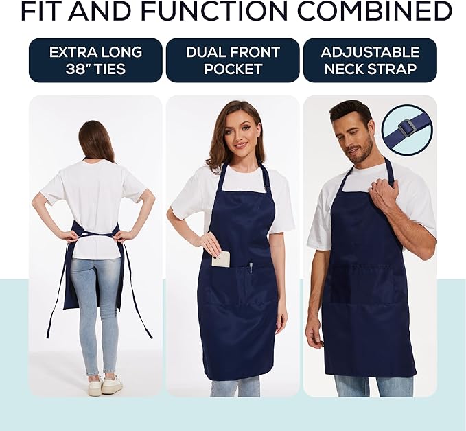 Will Well Kitchen Apron for Men and Women - 33" x 27" Oil-and-Water-Resistant with Adjustable Neck Strap and 38" Waist Ties for a Snug Fit, Lightweight with 2 Front Pockets - 1-Pack, Navy
