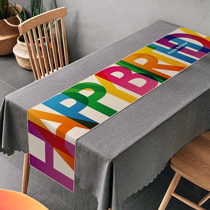 Happy Birthday Table Runner Colorful 13x72 Inch Polyester Linen Table Decoration for Kitchen Dinning, Indoor Outdoor Home Party Desktop Decor (Colorful)