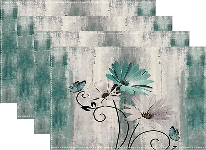 Floral Place mats Set of 4, 12x18 Inches Teal Blue Daisy Flower Decorative Rectangle Table Mats for Party Home Kitchen Dining Table Decoration