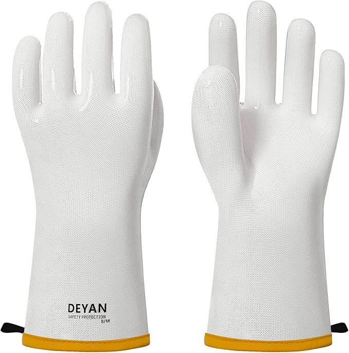 DEYAN Silicone BBQ Gloves - 600°F Heat Resistant Oven Mitts for Grilling, Smoking & Baking - Waterproof, Oil Proof Non-Slip Kitchen Gloves for Cooking, Frying, BBQ Accessories(White, 7/S)