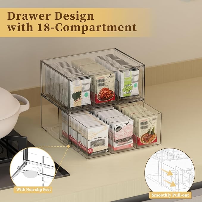 2 Pack Clear Tea Bag Organizer, Stackable Drawer Organizer with Dividers for Pantry Bathroom Vanity Kitchen - Cabinet Countertop Shelf Plastic Storage Bins for Coffee/Makeup/Cosmetic/Crafts/Jewelry