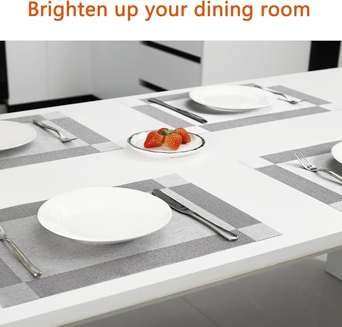 Placemats Set of 12 Washable&Wipeable Silver Place mats for Dining Table Kitchen Indoor Outdoor Table Mats Heat Resistant Non Slip Woven Vinyl Table Placemats (Grey，12PCS)