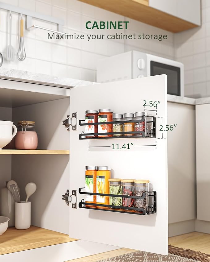 Doakhirmit Wall Mounted Spice Rack with 16 Hooks, Rustic Wood Spice Organizer Shelf for Stove Cabinet Pantry Door,Screw or Adhesive Hanging Spice Shelf,Wall Spice Rack in Kitchen and RV,4 Pack