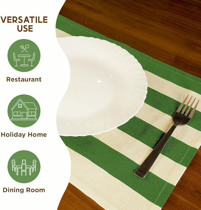 Folkulture Placemats Set of 4 (13 x 18) | 100% Cotton, Heat Resistant, Machine Washable Striped Place Mats | Green & White Rectangular Cloth Table Placemats for Dinner, House Warming Gifts New Home