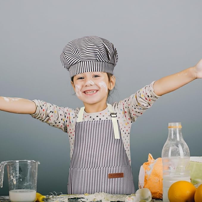 2 Pack Kids Chef Set, Striped Apron & Hat with Pockets, Adjustable Baking Smock for Boys & Girls