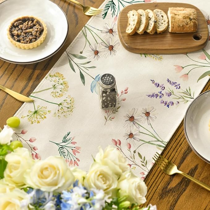 Artoid Mode Flowers Summer Table Runner, Seasonal Spring Fall Kitchen Dining Table Decoration for Home Party 13x48 Inch