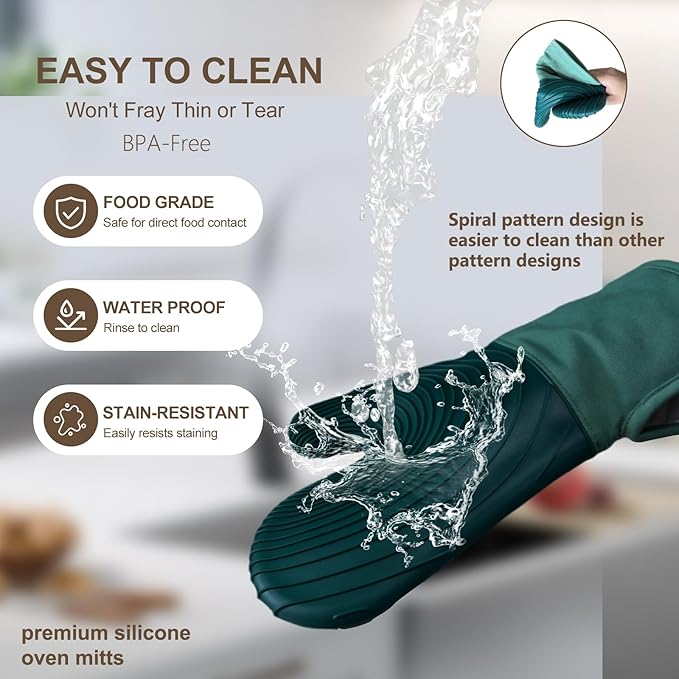 Silicone Oven Mitts-13.6 in Extended Oven Mitts Heat Resistant 500F, Oven Gloves with Soft Liner Good Grippy BPA-Free Easy to Clean Flexible-Oven Mits Set for Cooking Baking Grilling BBQ