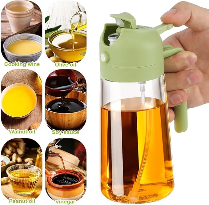 3 Pack 16oz/470 ml Olive Oil Dispenser Bottle 2 in 1 Clear Glass Oil Sprayer and Container Refillable Vinegar Dispenser with Automatic Cap Portable Spray Bottle for Cooking Baking Green
