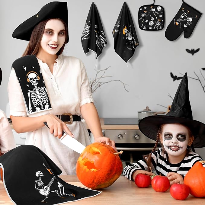 Leinuosen 8 Pcs Skull Kitchen Decor Set Kitchen Towels Gothic Oven Mitts and Pot Holders Skeleton Hand Dish Towels Horror Oven Mitts for Home Decoration Party Gifts (Modern Color,Music)