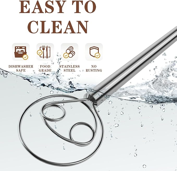 TEEVEA Danish Dough Whisk Stainless Steel for Sourdough Pizza and Bread Baking