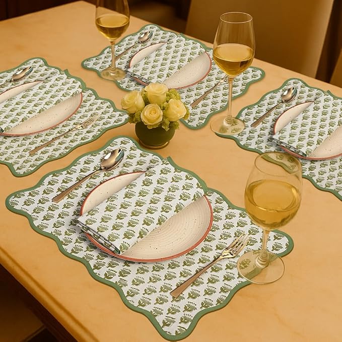 CPC Cotton Placemats Emerald Green Set of 4-Hand Block Printed Reversible Placemats, Flower Scalloped & Embroidered Cloth Table Mats - 14 x 20 inch Gift for Spring, Mother's Day