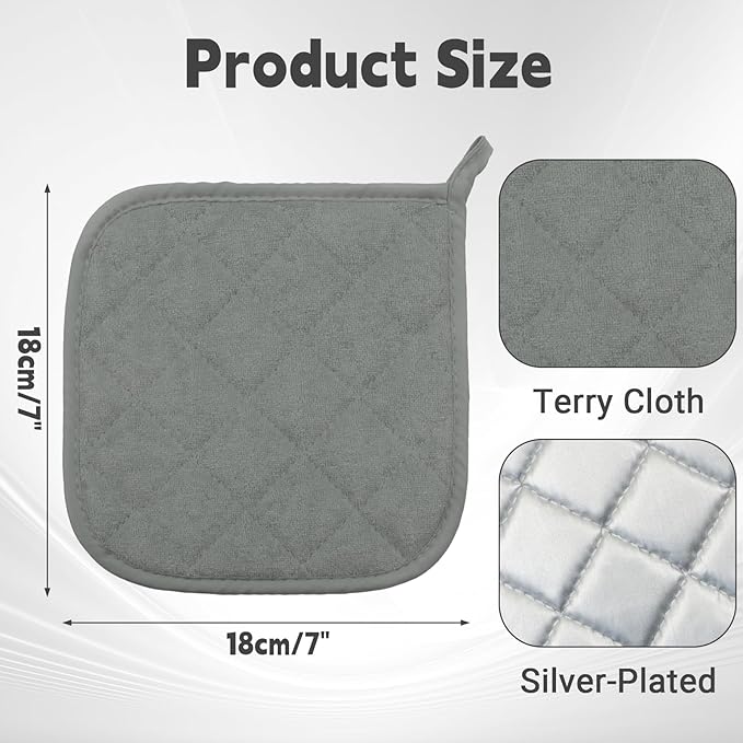 4 Pcs Quilted Pot Holder, Cotton Heat Resistant Hot Pads for Kitchen, Countertops, Oven Pot Holders (Grey)