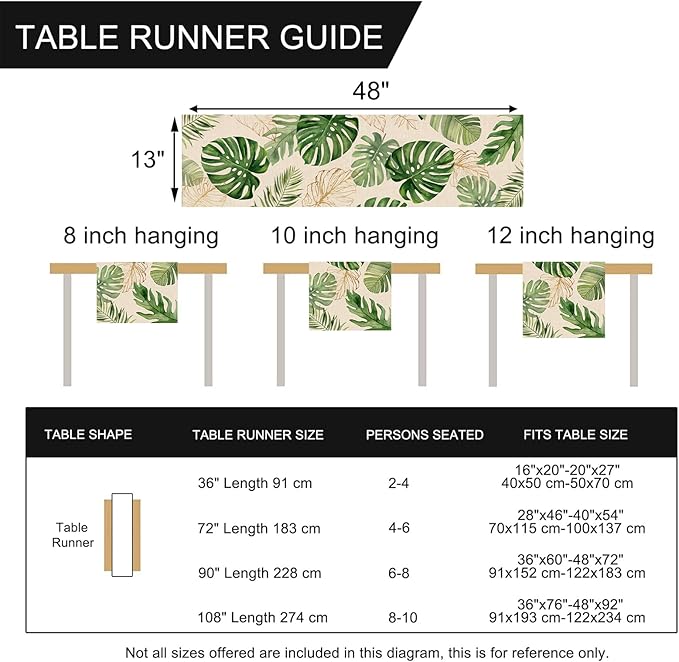 Seliem Summer Palm Leaves Tropical Greenery Table Runner, Monstera Home Kitchen Dining Plant Decor, Spring Seasonal Decorations Indoor Outdoor Hawaii Luau Anniversary Party Supply 13 x 48 Inch