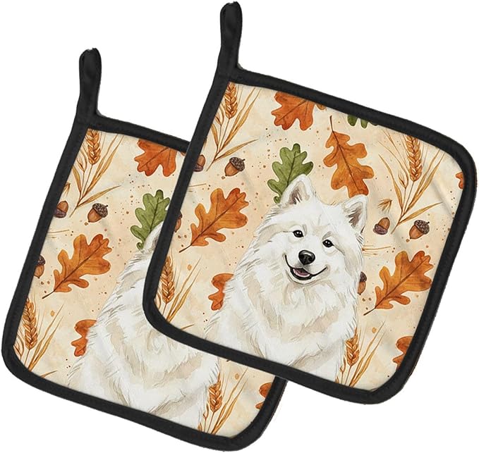 Caroline's Treasures Cream Samoyed Heirloom Fall Pair of Pot Holders Pair 7.5x7.5 Quilted Insulated Hot Pads Decorative Kitchen Gift Made in USA