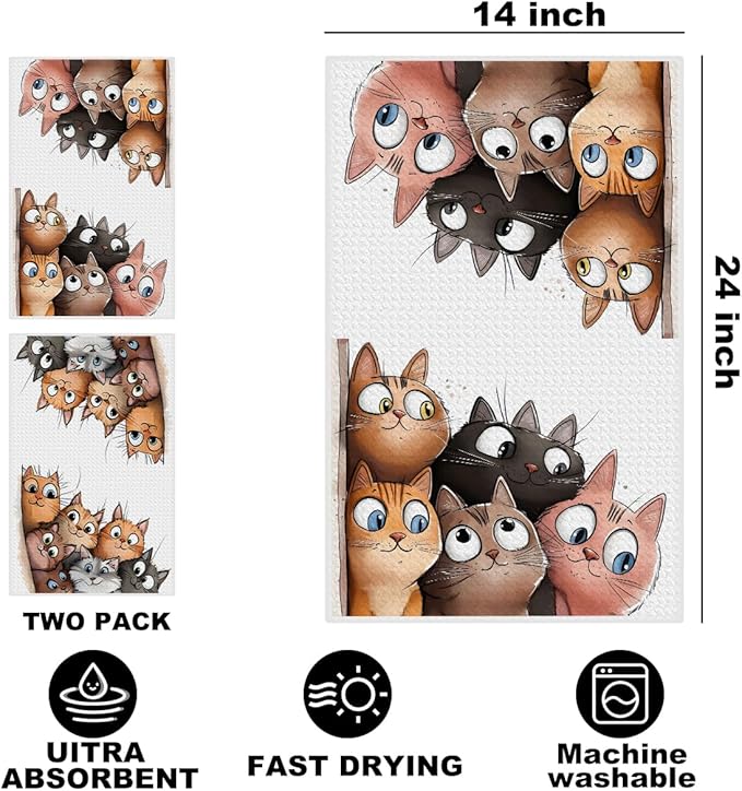 2 Pcs Cute Cat Kitchen Towels, Cats Soft Absorbent Hand Tea Towel, Microfiber Dish Cloths for Drying Dishes, Waffle Dish Towels for Kitchen Home Bathroom Decor, Cat Lover Gifts for Women Mom