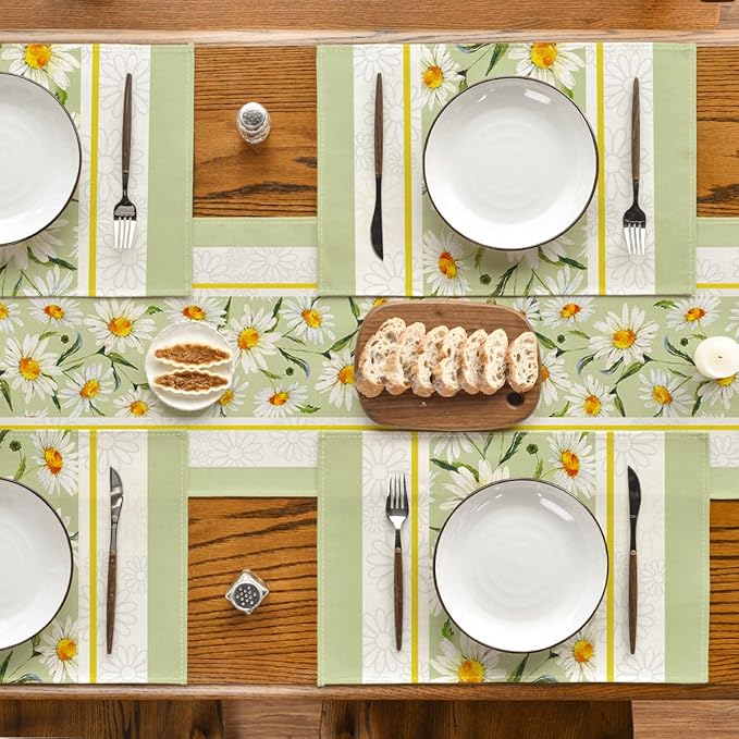 Artoid Mode Eucalyptus Leaves Daisy Vase Placemats for Dining Table, 12 x 18 Inch Spring Easter Summer Seasonal Holiday Decoration Rustic Vintage Washable Table Mats Set of 4 Green
