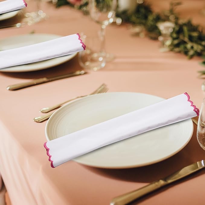 Ridhi Cloth Napkins 100% Pure Cotton Farmhouse Wedding Dinner Napkins Gift for Spring, Easter, Valentine, Holiday, Everyday Napkin (4-18" x 18" White with Pink Edge)