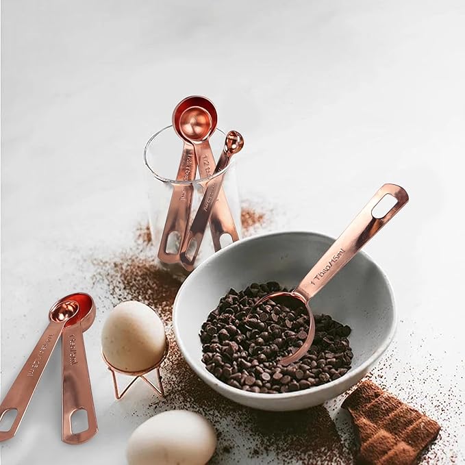 Tablespoons Teaspoons Measure Spoon Set of 6, Copper Plated Metal Measuring Spoons for Measuring Dry or Liquid Ingredients Spice for Kitchen Baking Cooking, Rose Gold Measuring Scoops Gift Set