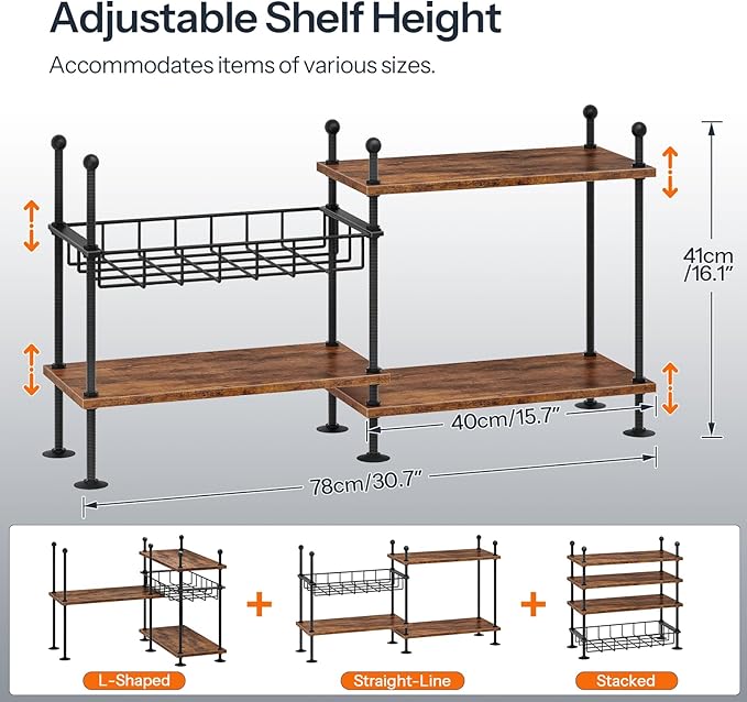 HOOBRO Kitchen countertop Organizer, 4-Tier Adjustable Kitchen Storage Shelf with Rods & Leveling Feet, 3 Configurations, for Cabinet, Countertop, Bathroom, Office, Rustic Brown and Black BF21TL01