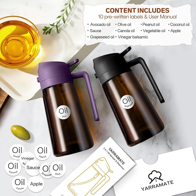 YARRAMATE 16oz/470ml Dark Brown Oil Sprayer for Cooking with Stickers, Food-grade Premium 2 in 1 Olive Oil Dispenser Bottle for Kitchen Gadgets, Air Fryer, Salad, Frying, BBQ (Purple)