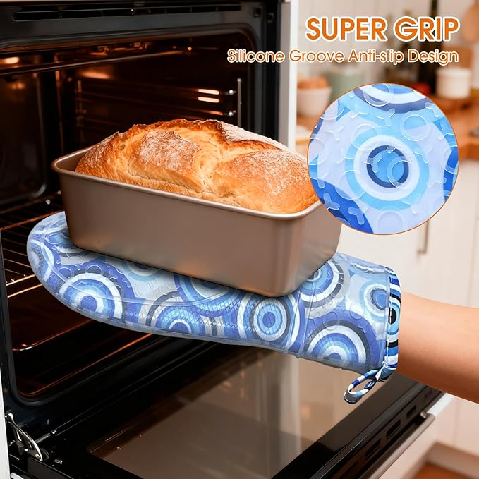 Silicone Oven Mitts Set Heat Resistant 2PCS Kitchen Mittens with Soft Cotton Lining Long Waterproof Non-Slip Oven Gloves for Cooking, BBQ, Baking-Blue