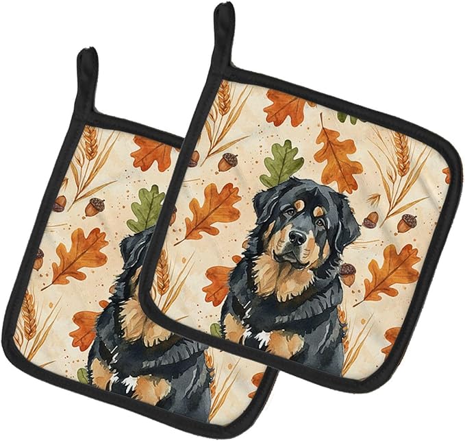 Caroline's Treasures Black and Tan Tibetan Mastiff Heirloom Fall Pair of Pot Holders Pair 7.5x7.5 Quilted Insulated Hot Pads Decorative Kitchen Gift Made in USA