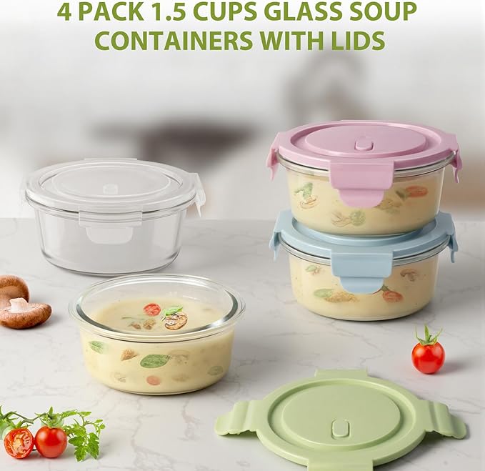Freshmage 12oz Glass Meal Prep Containers, 1.5 Cup Food Storage Container with Lid Airtight, BPA-Free, Borosilicate Glass Soup Container for Leftovers, Microwave Oven Dishwasher&Freezer Safe (4 Pack)