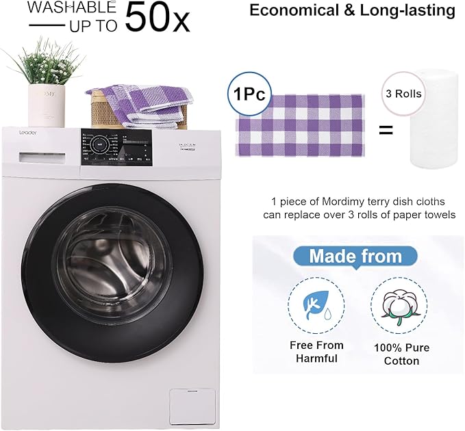 Mordimy 100% Cotton Waffle Weave Kitchen Towels, 13 x 28 Inches, Super Soft and Absorbent Buffalo Check Dish Towels for Drying Dishes, 4-Pack, White & Purple