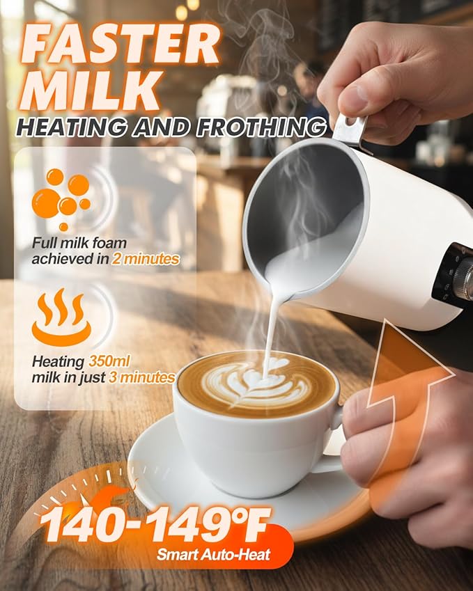5-in-1 Electric Milk Frother and Steamer, Automatic Milk Foamer Hot Chocolate Maker with Wood Grain Handle, 11.8oz Milk Warmer and Heater for Latte, Cappuccino, Hot Cocoa Maker, Frother for Coffee