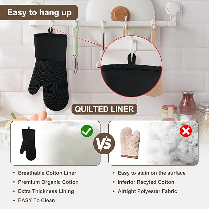 Silicone Oven Mitts-13.6 in Extended Oven Mitts Heat Resistant 500F, Oven Gloves with Soft Liner Good Grippy BPA-Free Easy to Clean Flexible-Oven Mits Set for Cooking Baking Grilling BBQ