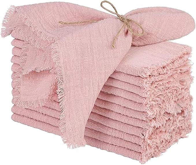 Cotton Blend Fringe Cloth Napkins - Crinkle Gauze Dinner Napkins, Reusable & Washable Table Napkins, 17" x 17" (43 x 43 cm), Multiple Colors, 12/24/48/100 Pack (12, Dusty Rose)