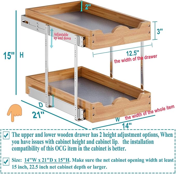 OCG Pull Out Drawers For Cabinets 14"W x 21"D, 2 Tier Heavy-Duty Slide out Wood Drawer Shelf, Pull Out Drawer for Cabinets, Base Cabinet Organization for Kitchen, Pantry, Bathroom