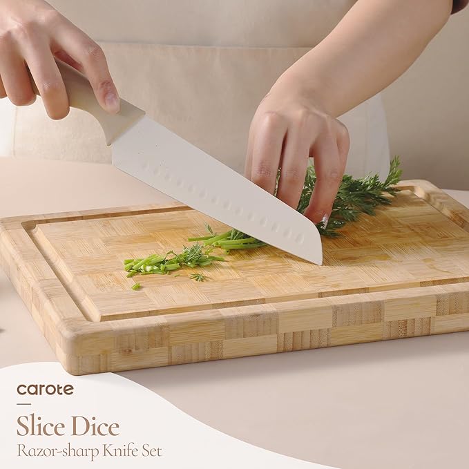 CAROTE 13Pcs Kitchen Utensils Set with 360 Rotating Knife Block, Heat Resistant Cooking Utensils with Wooden Handle, Nonstick Ceramic Surface, Cream White