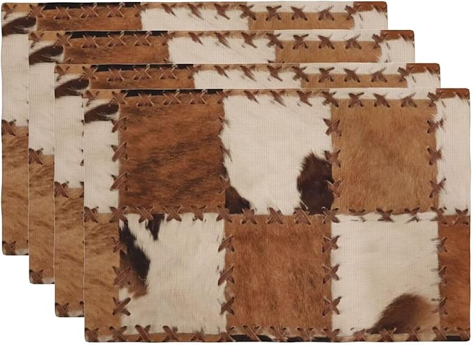 Cowhide Placemats Set of 4 Patchwork Cow Fur Print Linen Washable Placemat Kitchen Dining Heat-Resistant Farm Animal Place Mats Desktop Decor Western Cowboy Table Mats 12x18 Inch