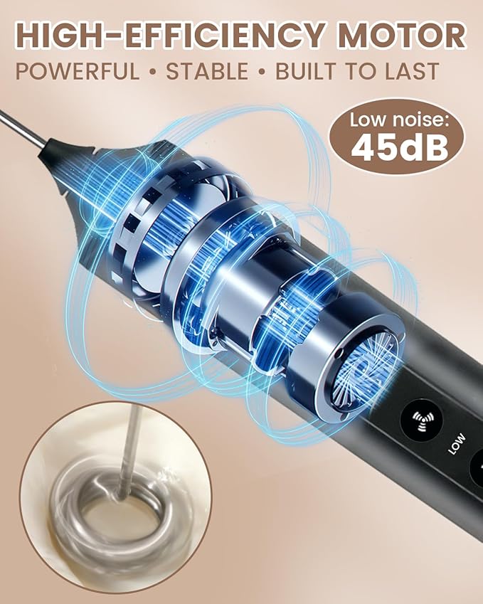 Electric Handheld Milk Frother Wand Rechargeable, 3-Speed Preventing Splashing Drink Mixer with Box, 10-Second Frothing for Coffee, Matcha, Latte, Cappuccino, and Protein Shakes, Black