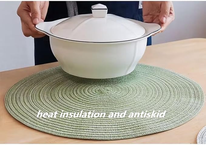 15 Inches Round Braided Placemats Set of 4, Washable Heat Resistant Cotton Polyester Circle Place Mats for Dining Table, Hot Pads for Kitchen, Trivets for Hot Dishes, Pots and Pans (Green,4)