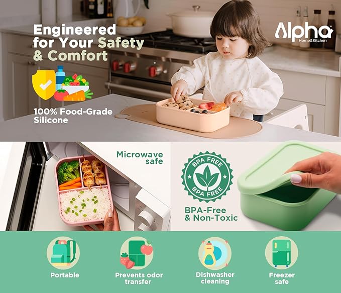 3 Compartment Silicone Bento Box for Kids – BPA Free Snack Container, Leak-Resistant School Lunch Box, Small Portions, Easy to Clean, Dishwasher Safe