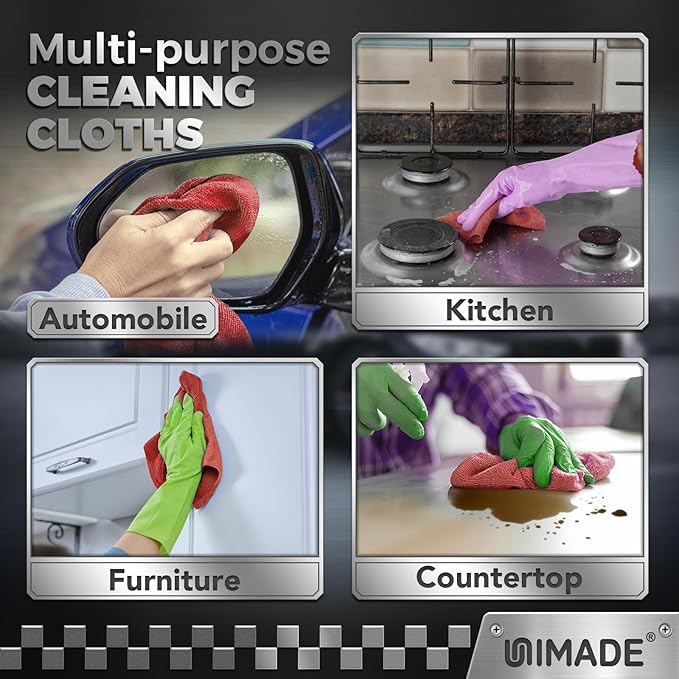 UNIMADE Microfiber Cleaning Cloth, 24 Pack Reusable Microfiber Towels for Cars Lint Free Cleaning Shop Towel Rags for Home Kitchen Automotive Bar Mechanic Restaurant Garage, 11"x 12", Red