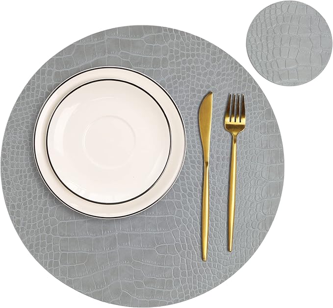 Round Leather Placemats for Round Tables Set of 8, Gray Table Place Mats and Coasters, Washable Easy to Care for Indoor Decor 13" Diameter