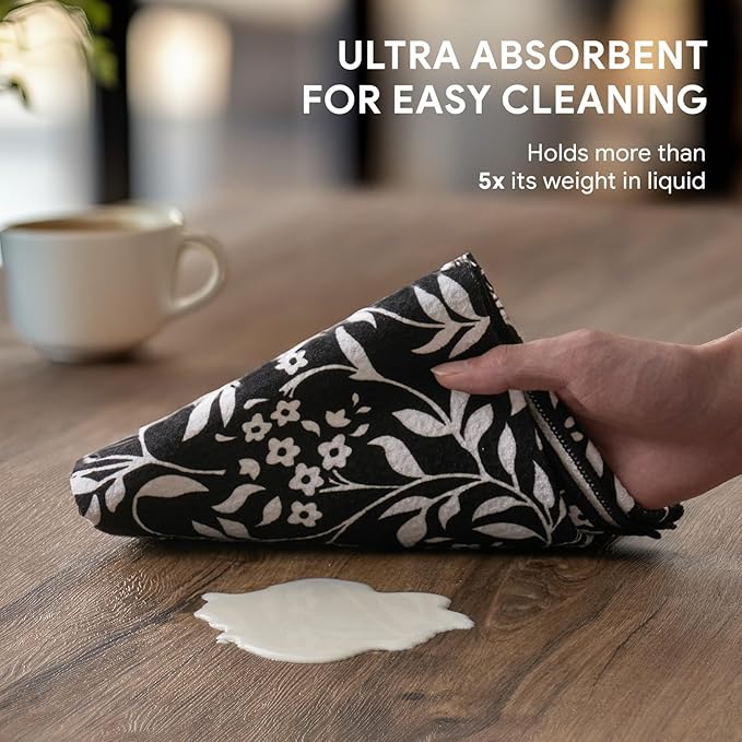 RECYCO Waffle Kitchen Towel Set of 2 - Quick Dry Microfiber Sustainable Dish Towels - Ultra Absorbent Reusable Cleaning Tea Towels - Lightweight Hand Towels,16”x 28”, Black & White Florals