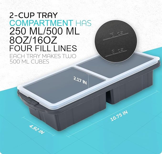 Silicone Freezer Tray With Lid-Soup Freezer Container molds-Large Ice Cube Tray Set Makes 1-Cup & 2-Cup portions cubes Perfect for preparing meals in different portion sizes Oven & Dishwasher -Safe